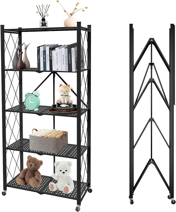 5 Tier Folding Shelf with Wheels, Metal Steel Collapsible Shelves, No Assembly by YUANJIMI