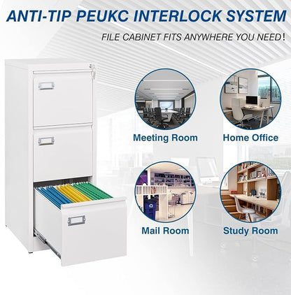 3-Drawer File Cabinet with Lock, 16.3" Deep Vertical Filing Cabinets, Metal - Image 6