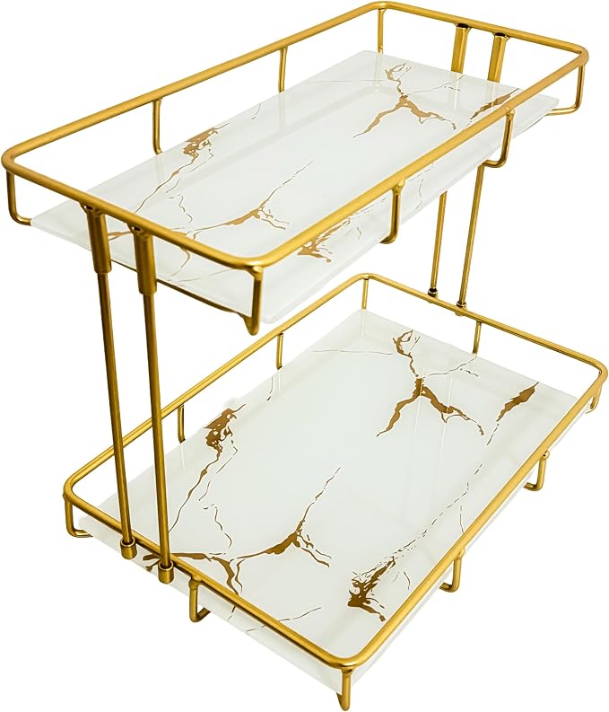 2-Tier White Marble Bathroom Countertop Organizer – Glass Shelves & Gold Metal - Image 7