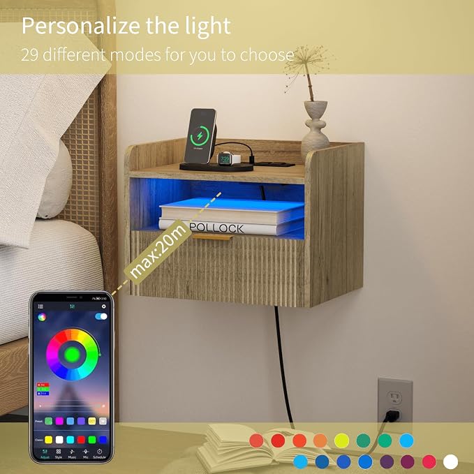 White Floating Nightstand with Charging Station and LED Lights - Image 4