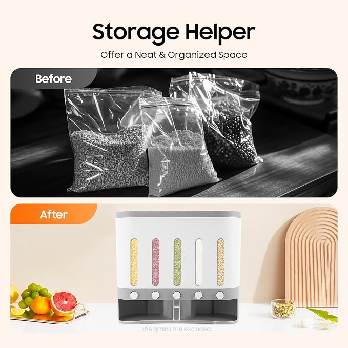 5 Grids Dry Food Dispenser, Wall mounted Rice Storage Dispenser Cereal - Image 4
