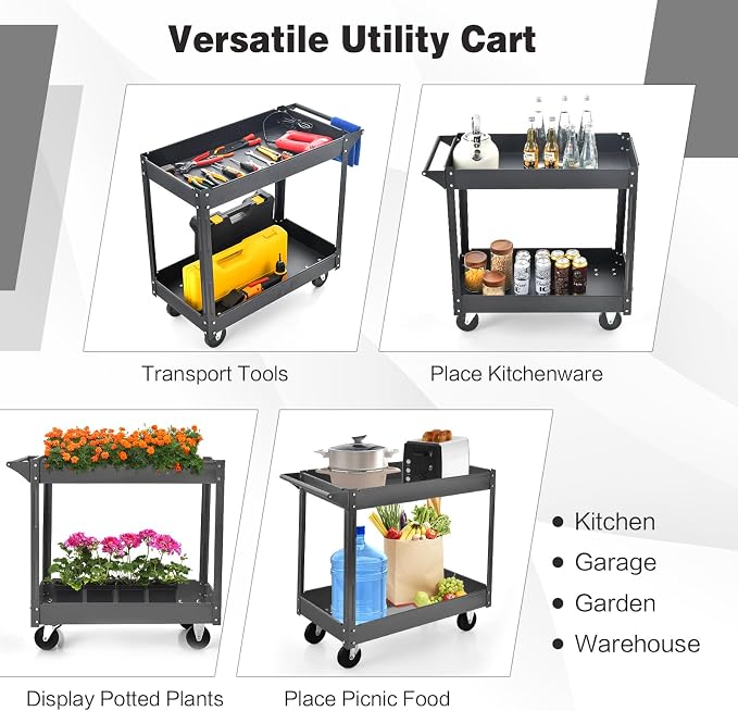 Goplus 2-Tier Utility Cart, Heavy Duty Commercial Service Tool Cart w/Handle - Image 2
