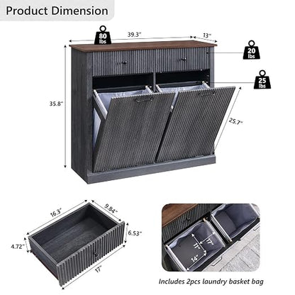 Modern Double Tilt-Out Trash Cabinet, 20 Gallon Fluted Laundry Hamper Cabinet - Image 2