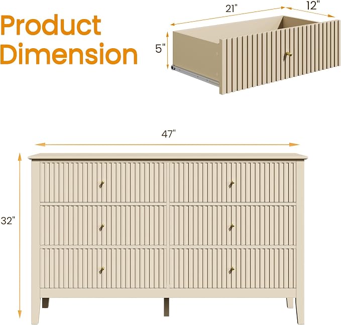 RoyalCraft Beige 6 Drawer Dresser, Fluted Modern Wood Chest of Drawers - Image 2