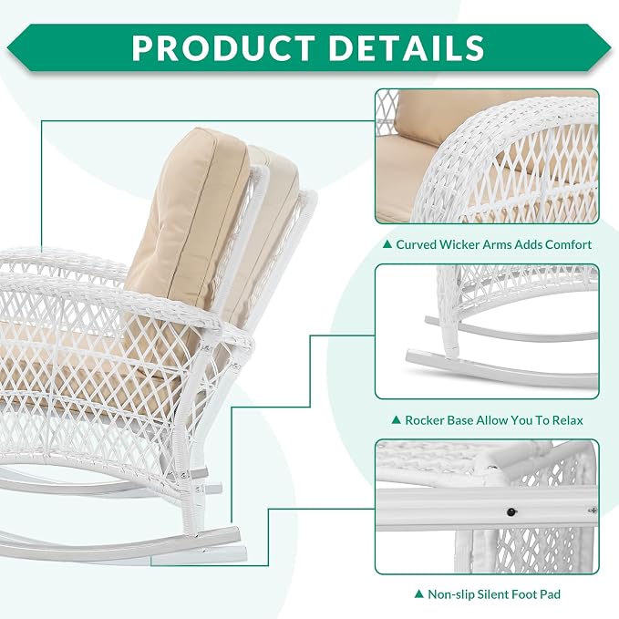VIVIJASON 3-Piece Outdoor Conversation Bistro Set, Patio Wicker Rocking Chairs - Image 4