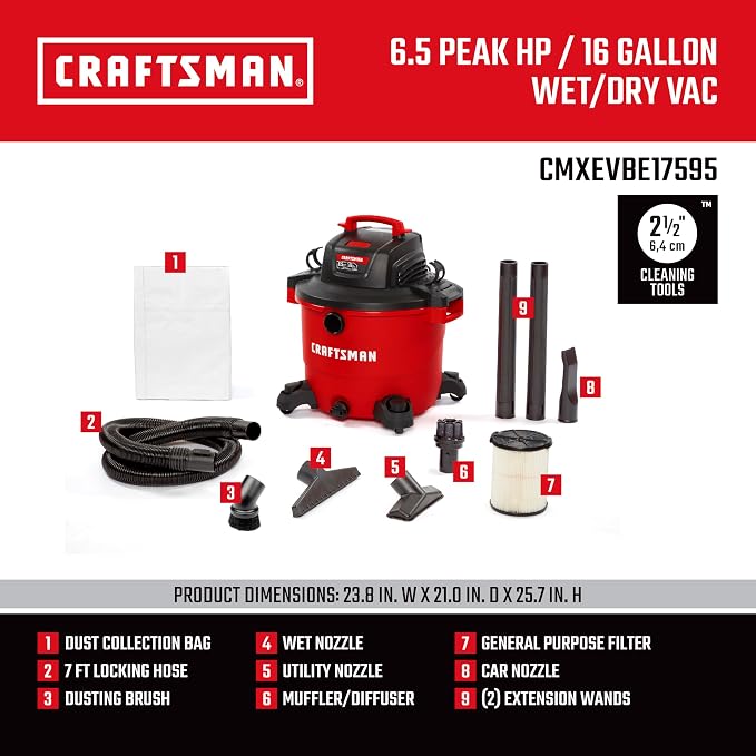 CRAFTSMAN CMXEVBE17595 16 Gallon 6.5 Peak HP Wet/Dry Vac, Heavy-Duty Shop Vacuum - Image 3