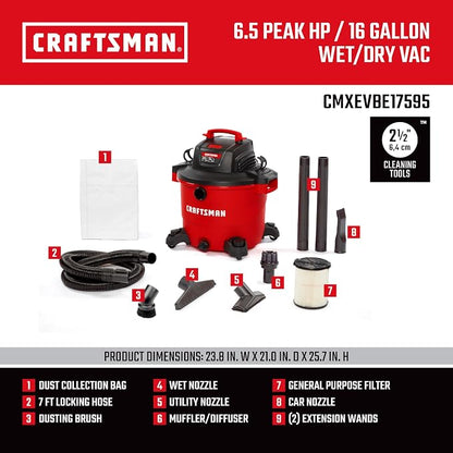 CRAFTSMAN CMXEVBE17595 16 Gallon 6.5 Peak HP Wet/Dry Vac, Heavy-Duty Shop Vacuum - Image 3