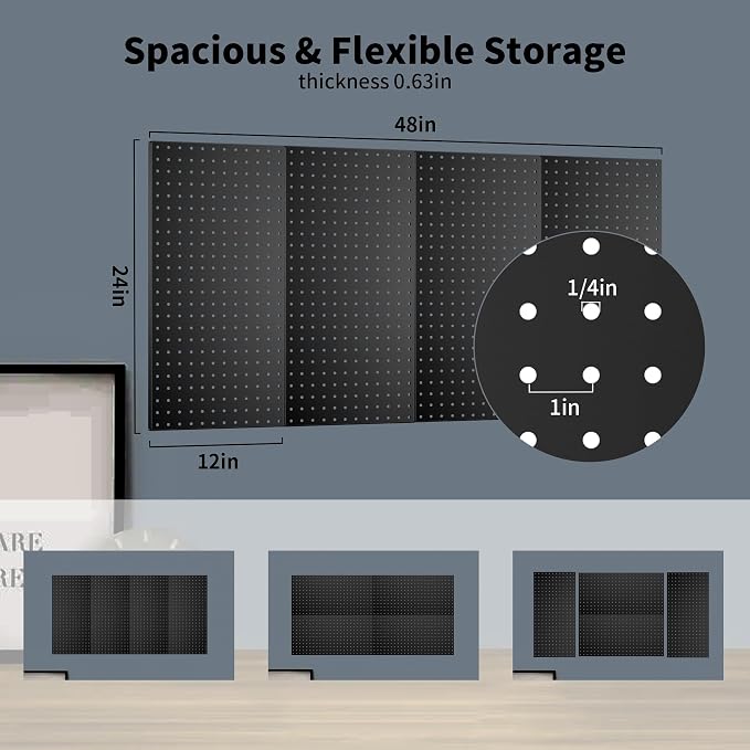 Pegboard Wall Organizer 4 PCS 24" x 12" Black Peg Board Metal Pegboard Panels - Image 3