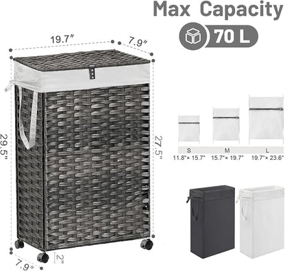 70L Slim Laundry Hamper with Lid & Wheels, Rolling Laundry Basket with 2 - Image 4