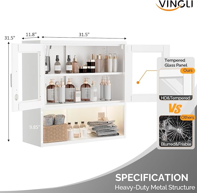 VINGLI Metal Wall Cabinet with Locking Glass Doors & Magnetic LED Sensor Light - Image 3