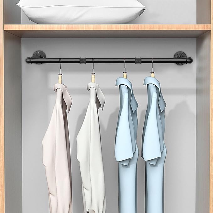 Industrial Iron Pipe Clothes Hanging Bar DIY Wall-Mounted Garment Rack Heavy - Image 7