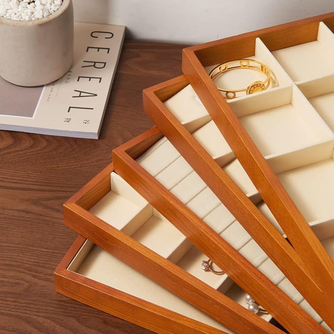 Oirlv 24 Grid Wood Jewelry Tray Microfiber Interior Jewelry Drawer Organizer - Image 6