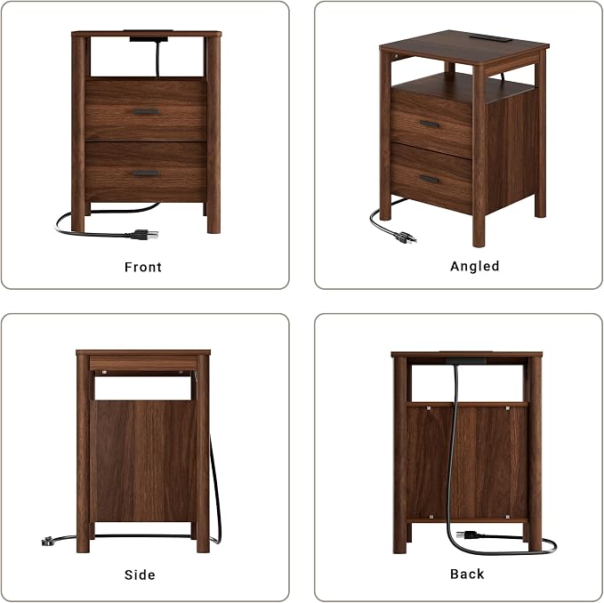 Night Stand Set of 2 with Charging Station, 2 Drawers End Table with Open Shelf - Image 7