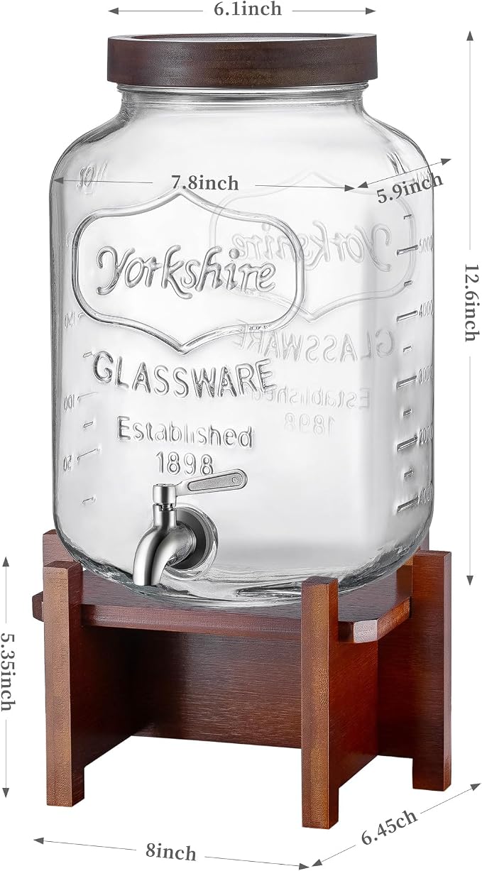 Drink Dispenser with Acacia Wood Stand and Lid, 2 Gallon Glass Beverage - Image 6