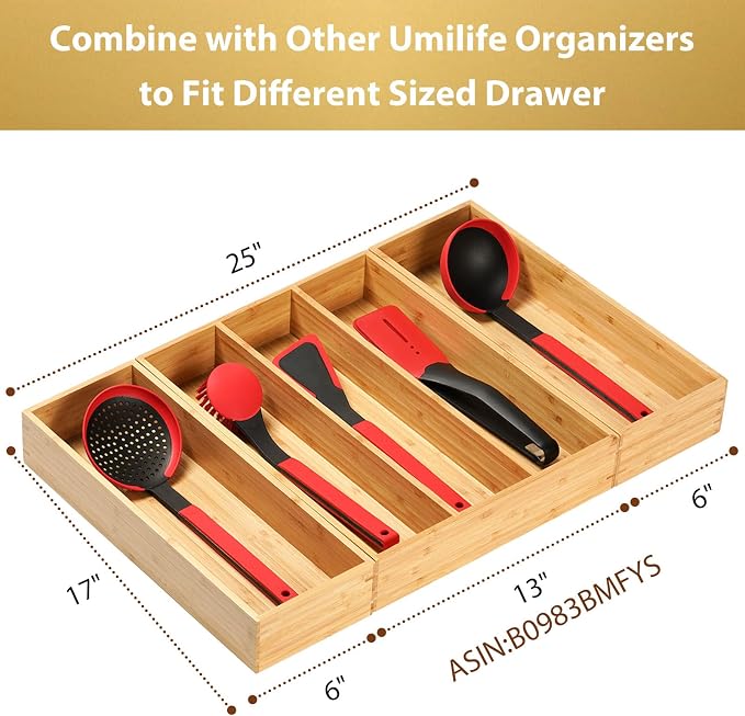 Umilife Bamboo Kitchen Utensils Organizer, Extra Long High Silverware Drawer - Image 4