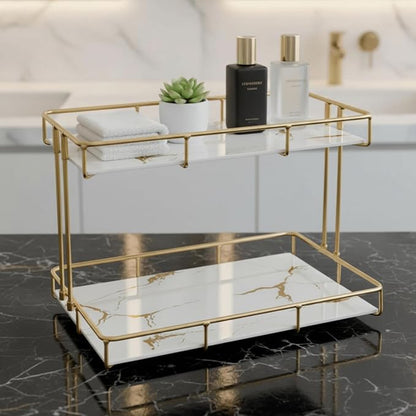 2-Tier White Marble Bathroom Countertop Organizer – Glass Shelves & Gold Metal by Unknown