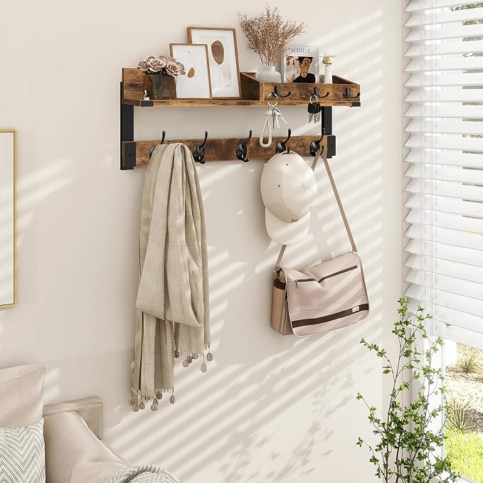 Homode Coat Rack with Shelf, Wall Shelf with Hooks, 26 Inch Long Coat Hanger - Image 5