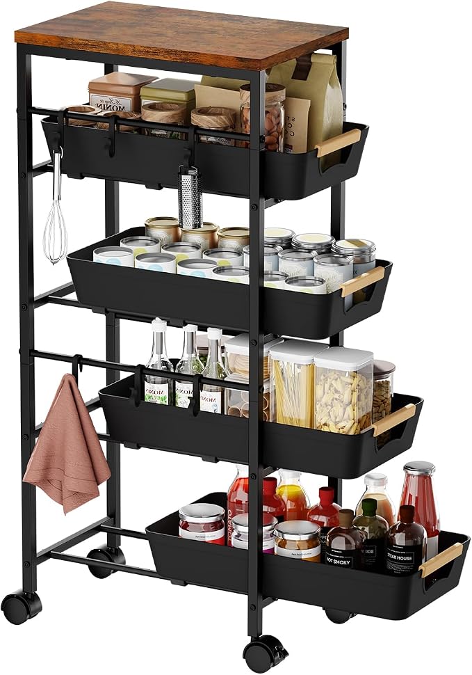 5-Tier Slim Storage Cart, Wooden Top Rolling Kitchen Cart by Unknown