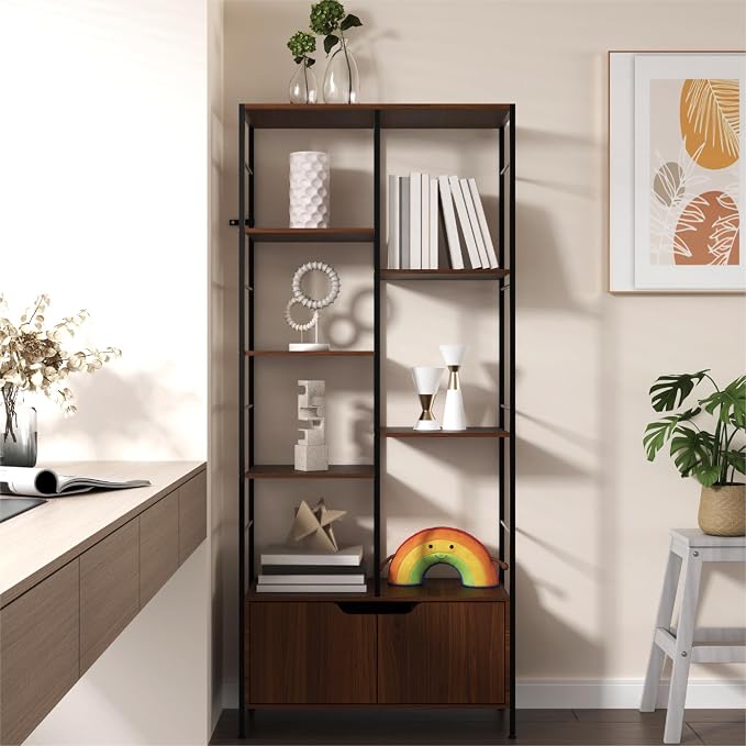 Bookshelf with Doors, 6-Tier Shelf with Storage Cabinet, Industrial Retro - Image 5