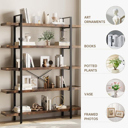 Heavy Duty 5-Tier Industrial Bookcase, 120lbs Shelf Capacity, Rustic Open - Image 3