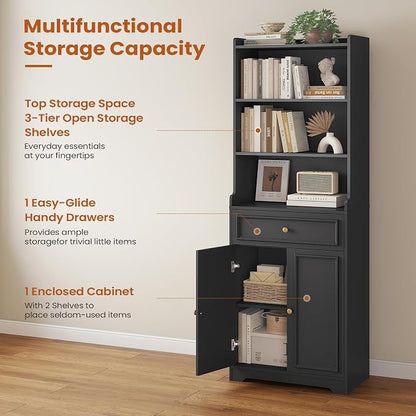 DICTAC Bookcase Set of 2 with Drawer and Doors 73.23''Tall Bookshelf with - Image 7