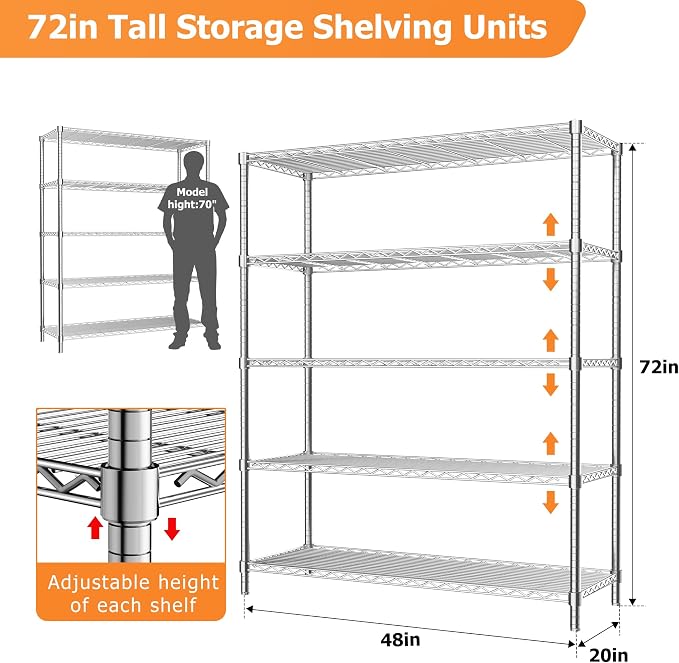 Storage Shelves Heavy Duty, 5-Tier Adjustable Metal Industrial Utility Shelf - Image 3