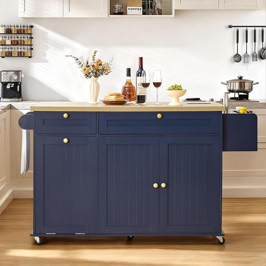 60.2" Kitchen Islands with Storage, Rolling Island Table with Trash Can Storage by LEFURTURE