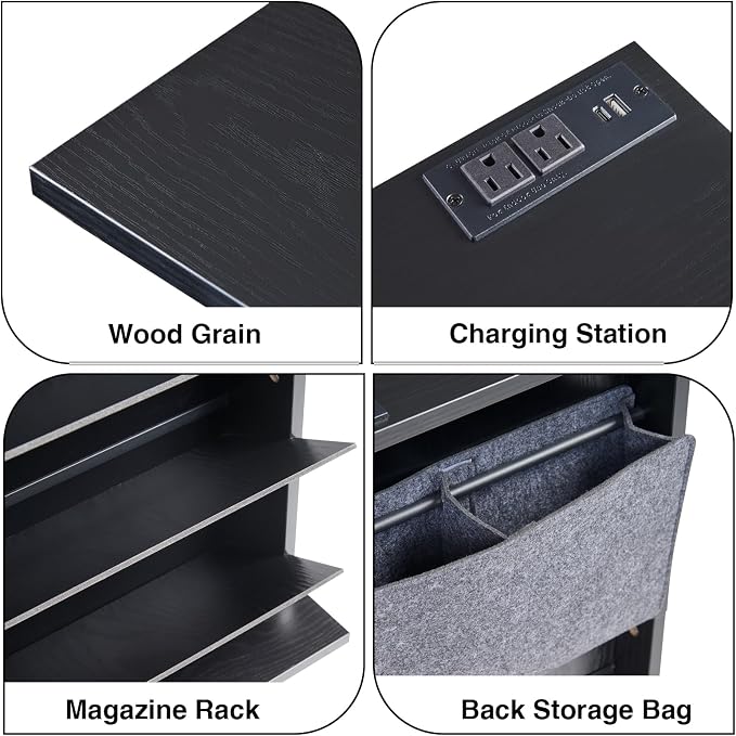 Narrow Side Table with Charging Station Slim End Table with Magazine Book - Image 4