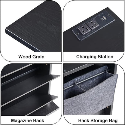 Narrow Side Table with Charging Station Slim End Table with Magazine Book - Image 4