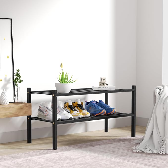 2 Tier Bamboo Shoe Rack for Closet Free Standing Wood Shoe Shelf for Entryway - Image 7