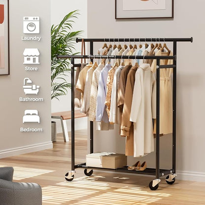 Clothes Rack, Double Rods Rolling Clothing Rack - Image 7