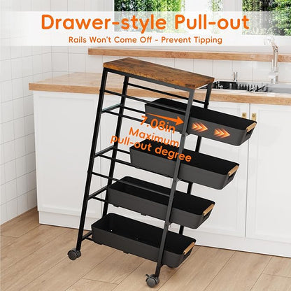 5-Tier Kitchen Storage Cart, Wood Top Rolling Cart Organizer - Image 3