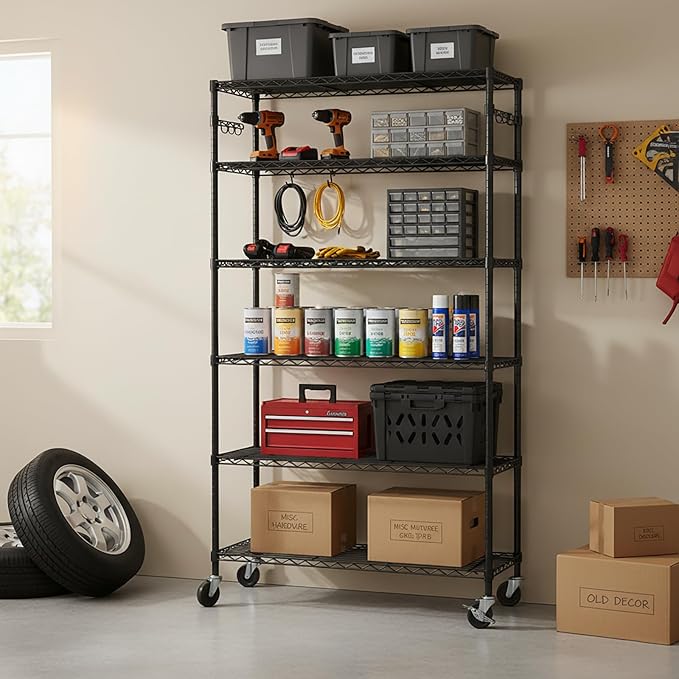 6-Tier Metal Storage Rack with Wheels, Sturdy Adjustable Wire Shelving Unit - Image 5