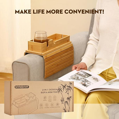 Bamboo Couch Arm Tray with Detachable Cup Holder, 2 in 1 Foldable Anti-Falling - Image 7