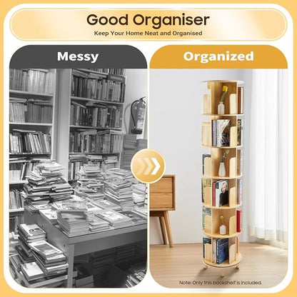 Rotating Bookshelf, 6-Tier Pine Wood Bookcase, Freestanding Bookcase Books - Image 9