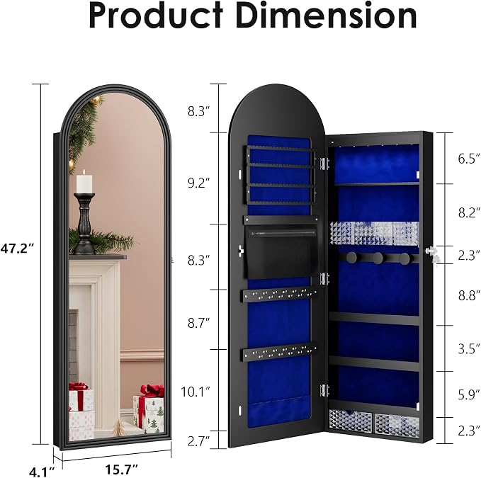 47in Tall Jewelry Cabinet Organizer, Arched Wall or Door Mounted Jewelry Armoire - Image 7