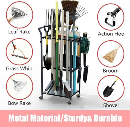 Garden Tool Organizer with Wheels, Heavy Duty Rolling Yard Tool Rack with 14 - Image 5