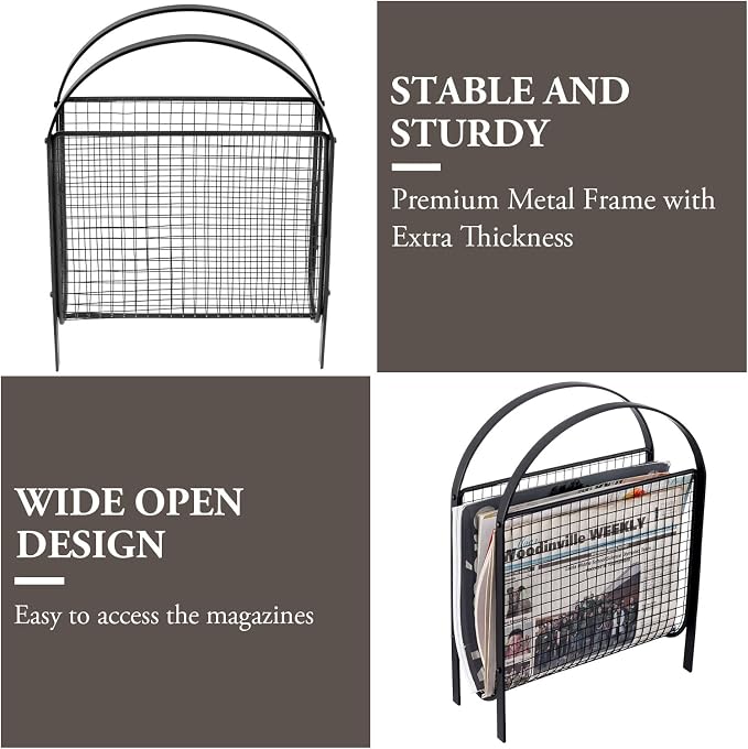 MyGift Mid-Century Design Magazine Rack, Matte Black Tone Metal Mesh - Image 3