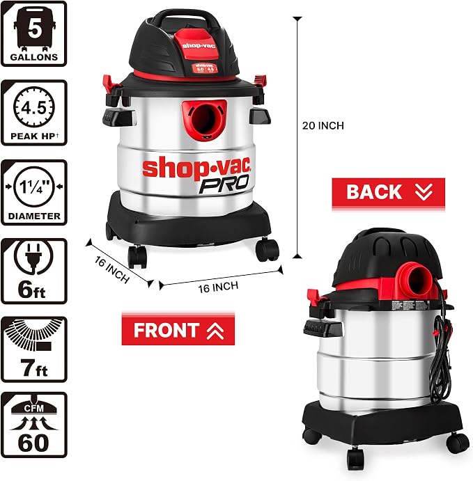 Shop-Vac 5 Gallon 4.5 Peak HP Wet/Dry Vacuum, Stainless Steel Tank, Portable - Image 5