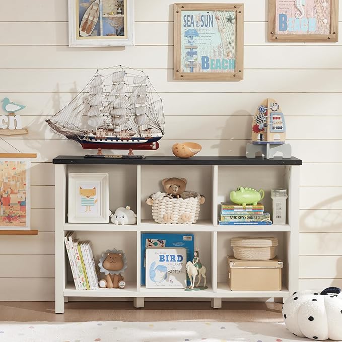 Farmhouse 6 Cube Bookshelf, Antique White & Black Wooden Storage Organizer Book - Image 4