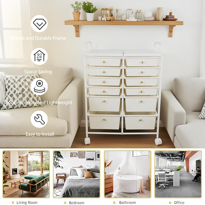White 12 Drawers Rolling Storage Cart - Image 7