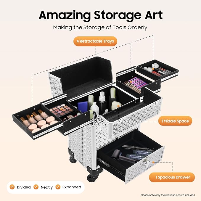 Rolling Makeup Train Case with Drawers, Portable Rolling Makeup Cart with Wheels - Image 2