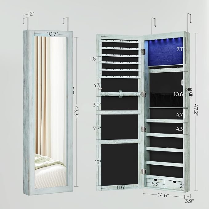 SONGMICS 6 LEDs Mirror Jewelry Cabinet, 47.2-Inch Tall Lockable Wall or Door - Image 6