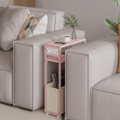 Pink Side Table with Charging Station, Slim End Tables with Linen Basket - Image 4