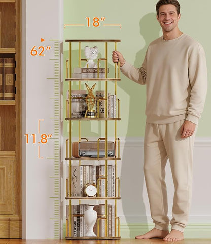 5 Tier Round Rotating Bookshelf Tower Gold, 62” Tall Space Saving Spinning - Image 2