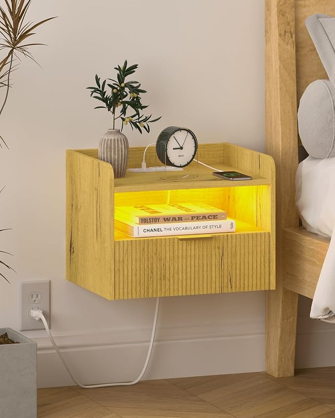 Floating Nightstand with Charging Station and LED Lights by Unknown