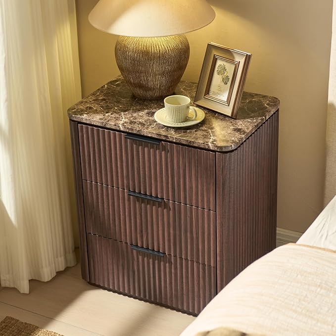 Fluted Nightstand with 3 Drawers, Engineered Wood Bedside Table with Faux - Image 5