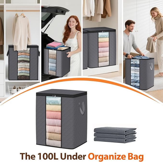 SpaceWhisper 4 Pack 100L Clothes Storage, Foldable Thick Fabric Blanket Storage - Image 6
