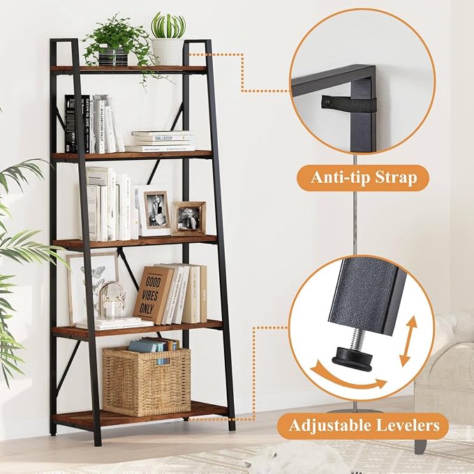BON AUGURE Ladder Shelf Bookcase, 5-Tier Industrial Ladder Bookshelf, Tall - Image 3