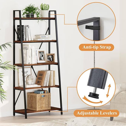 BON AUGURE Ladder Shelf Bookcase, 5-Tier Industrial Ladder Bookshelf, Tall - Image 3